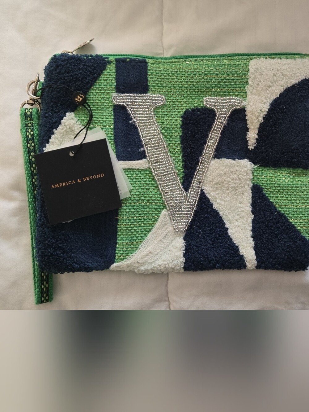 America & Beyond Green Navy White Beaded 'A' Wristlet Clutch